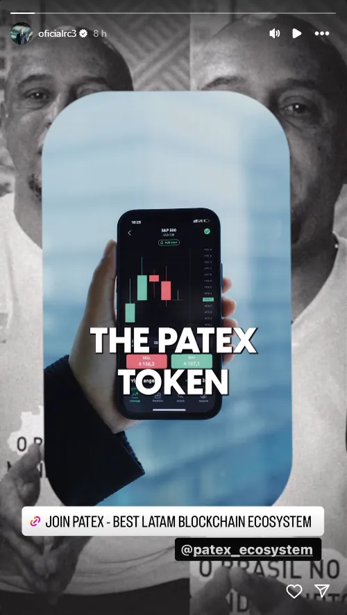 Story no Instagram anunciando o token da Patex, com o app aberto no celular
